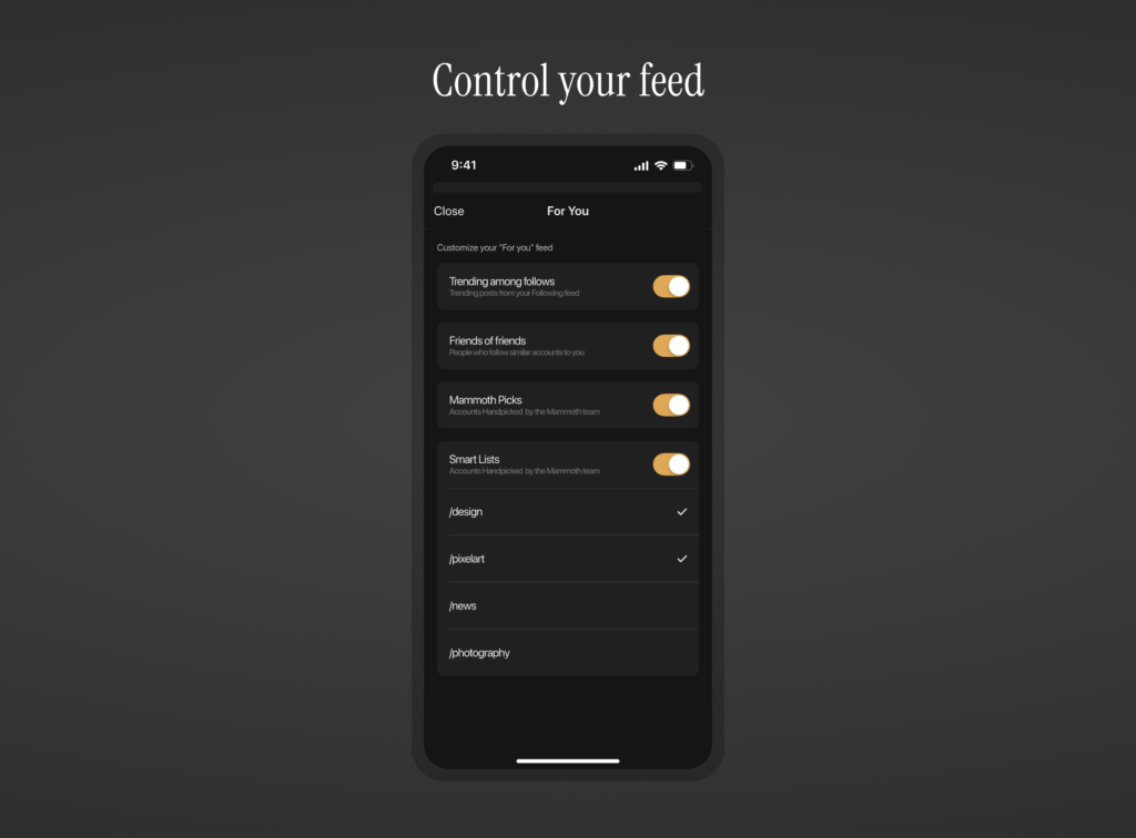 a screenshot of Mammoth, showing the different ways you can customize your For You feed.